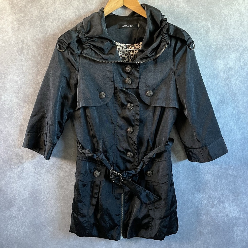 Armanda Trench Jacket Women Small Black Leopard Lining Filigree Buttons Belted